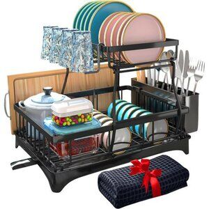 2 Tier Dish Drying Rack with Drain Board Utensil Cup Holder for Kitchen Counter